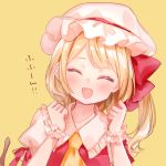  1girl :d ^_^ bangs blonde_hair blush bow closed_eyes collared_shirt eyebrows_visible_through_hair facing_viewer fang flandre_scarlet frilled_shirt_collar frills hair_bow hands_up hat highres long_hair mob_cap moko_(3886397) one_side_up open_mouth puffy_short_sleeves puffy_sleeves red_bow red_vest shirt short_sleeves simple_background smile solo touhou translation_request vest white_headwear white_shirt wrist_cuffs yellow_background 