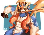  2019 abs anthro anthrofied armor blue_body blue_fur claws crowned_sword_zacian fur hi_res legendary_pok&eacute;mon looking_at_viewer makowolf1 male melee_weapon mouth_hold multicolored_body multicolored_fur muscular muscular_male nintendo nipples object_in_mouth pecs pok&eacute;mon pok&eacute;mon_(species) pok&eacute;morph solo sword teeth video_games weapon white_body white_fur yellow_eyes zacian 