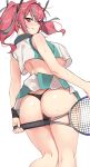  1girl :q ass azur_lane bangs black_panties blue_hair blush breasts bremerton_(azur_lane) bremerton_(scorching-hot_training)_(azur_lane) crop_top crop_top_overhang hair_ornament hairclip heart heart_necklace highres holding_racket large_breasts looking_at_viewer looking_back multicolored_hair ndgd panties pink_eyes pink_hair racket shirt short_hair simple_background sleeveless sleeveless_shirt smile solo sportswear streaked_hair sweat tennis_racket tennis_uniform tongue tongue_out twintails two-tone_shirt two-tone_skirt underwear white_background 
