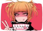  1girl :p bangs blonde_hair blunt_bangs boku_no_hero_academia closed_mouth double_bun j.k. looking_at_viewer red_background sanpaku simple_background smile solo toga_himiko tongue tongue_out v yellow_eyes 