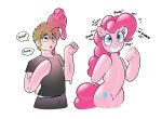  2017 before_and_after blue_eyes bottomwear clothing cutie_mark equid equine friendship_is_magic goo_transformation horse humanoid looking_up male mammal mind_control my_little_pony nude pants pink_body pinkie_pie_(mlp) pony redflare500 shirt smile solo surprise topwear transformation what 