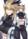  1girl artoria_pendragon_(all) black_sweater blonde_hair blush breasts character_request cleavage eyebrows_visible_through_hair fate/grand_order fate_(series) hands_in_pockets j.k. large_breasts looking_at_viewer navel parted_lips ribbed_sweater short_hair solo sweater underboob yellow_eyes 