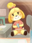  2020 3:4 animal_crossing anthro bottomless canid canine clothed clothing female footwear genitals hi_res inside isabelle_(animal_crossing) looking_at_viewer mammal nintendo no_underwear pussy shoes solo spread_legs spreading syoee_b video_games 