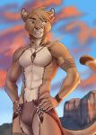  2020 5_fingers abs anthro clothed clothing cougar day detailed_background felid feline fingers fur green_eyes hi_res koul male mammal outside sky solo tan_body tan_fur teeth topless tribal whiskers 