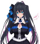  1girl antenna_hair bad_id bad_twitter_id black_capelet black_dress blue_eyes blue_hair blue_neckwear blush bow bowtie breasts capelet cleavage cleavage_cutout closed_mouth copyright_request cowboy_shot cross-laced_top dress eyebrows_visible_through_hair gloves heart heart_hands highres large_breasts long_hair long_sleeves looking_at_viewer mole mole_on_breast signature simple_background smile solo twintails untsue very_long_hair white_background white_gloves 