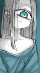  1girl blue_background blue_eyes blue_theme cyclops head_tilt highres kuronyankokko long_hair looking_at_viewer monochrome off-shoulder_shirt off_shoulder one-eyed original parted_lips pointy_ears shirt simple_background smile solo upper_body 