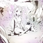  1girl barefoot boots boots_removed breasts cat ejami greyscale heart indian_style league_of_legends long_hair looking_at_viewer lulu_(league_of_legends) monochrome mushroom outdoors pix sitting striped_sleeves teemo tree ward water waterfall 