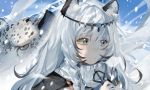  1girl animal_ear_fluff animal_ears arknights black_cloak blush braid chinese_commentary circlet cloak closed_mouth eyelashes hair_between_eyes leopard_ears long_hair meng_ziya outdoors pramanix_(arknights) ribbed_sweater side_braids silver_eyes silver_hair snow snow_leopard snowstorm solo staff sweater turtleneck turtleneck_sweater twin_braids upper_body white_sweater wind 