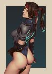  1girl armor ass blue_leotard boobplate breastplate brown_hair elbow_gloves final_fantasy final_fantasy_vii final_fantasy_vii_remake fingerless_gloves gloves headband highleg highleg_leotard highres jessie_(ff7) john_doe leotard looking_at_viewer looking_back no_pants parted_lips ponytail red_headband shoulder_armor smile solo 