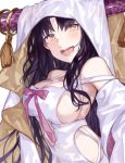  1girl bangs bare_shoulders black_hair blush breasts caddy_cyd chest_tattoo cleavage dress facial_mark fate/extra fate/extra_ccc fate_(series) forehead_mark horn_ornament horn_ring horns large_breasts long_hair long_sleeves looking_at_viewer open_mouth parted_bangs revealing_clothes sesshouin_kiara sideboob simple_background smile solo tattoo veil very_long_hair wavy_hair white_background white_dress wide_sleeves yellow_eyes 
