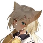  1girl animal_ears aqua_eyes arknights black_shirt blonde_hair blush cat_ears chinese_clothes closed_mouth eyebrows_visible_through_hair glint hair_ornament hairclip hands_on_own_chest heterochromia light long_hair looking_at_viewer meng_ziya red_eyes ribbed_sweater sailor_collar shade shirt simple_background sleeves_past_wrists solo sweater twintails upper_body white_background yellow_sweater 