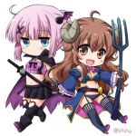  2girls ahoge bangs bare_shoulders brown_eyes brown_hair chiyoda_momo demon_girl demon_horns demon_tail fork gloves hair_ornament hairclip horns long_hair lowres machikado_mazoku multiple_girls navel open_mouth pink_hair revealing_clothes shiny shiny_hair short_hair simple_background skirt smile sword tail thighhighs uitchu weapon white_background yoshida_yuuko_(machikado_mazoku) 
