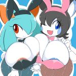  1:1 2020 areola areola_slip bailey_(kirbot12) big_breasts black_hair blue_eyes bow_tie breasts bunny_costume clothing costume duo emolga fake_ears fake_rabbit_ears female hair hand_holding hi_res huge_breasts humanoid kirlia looking_aside nintendo open_mouth pok&eacute;mon pok&eacute;mon_(species) red_eyes rui_(sugaru) shiny_pok&eacute;mon simple_background smile sugaru video_games white_body 