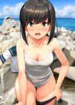  1girl black_hair blue_sky blush breasts camisole cloud cloudy_sky collarbone commentary day eyebrows_visible_through_hair feet_out_of_frame fubuki_(kantai_collection) green_eyes highres ichikawa_feesu kantai_collection looking_at_viewer medium_breasts ocean open_mouth rock school_uniform serafuku short_hair short_ponytail short_sleeves sky solo spaghetti_strap undressing 