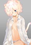  1girl animal_ear_fluff animal_ears bangs blue_eyes blush bow bow_panties cat_ears cat_girl cat_tail closed_mouth collarbone collared_shirt commentary_request dress_shirt eyebrows_visible_through_hair grey_background groin hair_over_one_eye highres looking_at_viewer navel nuqura open_clothes open_shirt original panties pink_hair shirt short_hair simple_background smile solo tail tail_raised underwear white_panties white_shirt 