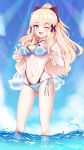  1girl bikini black_bow blonde_hair blue_eyes bow breasts elf flower hair_bow hair_flower hair_ornament highres long_hair looking_at_viewer mch9illus pointy_ears ponytail princess_connect! princess_connect!_re:dive sasaki_saren smile solo swimsuit 