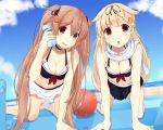  1girl all_fours ball beach beachball bikini black_bikini black_ribbon black_skirt blonde_hair blue_sky bottle brown_eyes chestnut_mouth cloud commentary_request cooler day hair_flaps hair_ornament hair_ribbon hairclip heterochromia kantai_collection light_brown_hair long_hair looking_at_viewer murasame_(kantai_collection) outdoors pleated_skirt red_eyes remodel_(kantai_collection) ribbon scarf shirai_sora skirt sky solo swimsuit two_side_up white_scarf white_skirt yuudachi_(kantai_collection) 