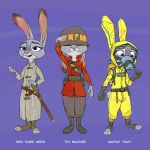  1:1 2020 anthro armor clothed clothing disney english_text fully_clothed fur gesture grey_body grey_fur hazmat_suit headgear helmet hi_res holding_object judy_hopps lagomorph leporid mammal melee_weapon multiple_poses pose purple_background purple_eyes rabbit salute samur_shalem simple_background soldier_(team_fortress_2) solo standing sword team_fortress_2 text valve video_games weapon zootopia 