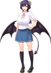  1girl black_footwear black_legwear black_wings blue_skirt breasts demon_horns demon_wings dress_shirt eyebrows_visible_through_hair full_body hand_on_hip highres horns huge_breasts kneehighs loafers long_hair low_wings manabe_riri marshmallow_imouto_succubus mole mole_under_eye open_mouth pleated_skirt shirt shoes short_sleeves skirt solo standing sumeragi_kohaku transparent_background white_shirt wings 