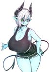  1girl absurdres alternate_costume black_horns black_sclera black_tank_top blue_skin blush demon_horns denim denim_shorts green_eyes highres horns juugoya_(zyugoya) leaning_forward looking_at_viewer marker_(medium) musuko_ga_kawaikute_shikatanai_mazoku_no_hahaoya shorts smile tank_top teresa_(musuko_ga_kawaikute_shikatanai_mazoku_no_hahaoya) thick_thighs thighs traditional_media white_background 