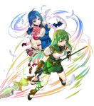  3girls armor bangs belt blue_dress blue_eyes blue_gloves blue_hair breastplate catria_(fire_emblem) dress est_(fire_emblem) feathers fingerless_gloves fire_emblem fire_emblem:_mystery_of_the_emblem fire_emblem_heroes full_body gloves green_dress green_eyes green_gloves green_hair hanekoto headband highres holding holding_weapon long_hair multiple_girls official_art open_mouth open_toe_shoes palla_(fire_emblem) pink_hair polearm sandals shiny shiny_hair short_dress short_hair short_sleeves shorts shoulder_armor shoulder_pads siblings sisters spear toes transparent_background weapon younger 