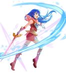  1girl armor bangs bare_shoulders blue_eyes blue_hair caeda_(fire_emblem) dress fire_emblem fire_emblem:_mystery_of_the_emblem fire_emblem_heroes full_body hakou_(barasensou) highres holding holding_sword holding_weapon long_hair official_art short_dress sleeveless solo sword transparent_background weapon white_legwear younger 