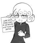  1girl chibi curly_hair english_text full_metal_jacket holding holding_sign looking_at_viewer one-punch_man parody pixel_maritan profanity sign solo source_quote_parody tatsumaki the_golden_smurf 