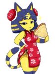 animal_crossing ankha_(animal_crossing) anthro asian_clothing chinese_clothing chinese_dress clothed clothing domestic_cat dress dupli east_asian_clothing egyptian egyptian_headdress fan_(disambiguation) fanning felid feline felis female hair hand_on_hip hi_res humanoid looking_at_viewer makeup mammal nintendo simple_background solo standing video_games 