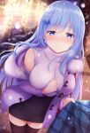  1girl bare_shoulders black_legwear black_skirt blue_eyes blue_hair blurry bokeh breasts closed_mouth clothes_tug coat commentary_request depth_of_field duffel_coat earrings emori_miku emori_miku_project frown hair_ornament hicha_nomu high-waist_skirt highres jewelry large_breasts long_hair looking_at_viewer miniskirt off_shoulder open_clothes open_coat pencil_skirt plaid plaid_scarf purple_coat ribbed_sweater scarf skirt sleeveless sleeveless_turtleneck snowing solo sparkle sweater thighhighs turtleneck very_long_hair white_sweater zettai_ryouiki 