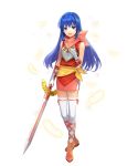  1girl armor bangs bare_shoulders blue_eyes blue_hair caeda_(fire_emblem) dress fire_emblem fire_emblem:_mystery_of_the_emblem fire_emblem_heroes full_body hakou_(barasensou) highres holding holding_sword holding_weapon long_hair official_art short_dress sleeveless solo sword transparent_background weapon white_legwear younger 