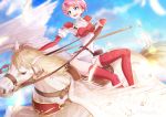  1girl armor blue_eyes cluseller commentary_request elbow_gloves eyebrows_visible_through_hair feathers fire_emblem gloves marcia_(fire_emblem) no_panties open_mouth pegasus pegasus_knight pink_hair polearm red_legwear short_hair sitting smile thighhighs upper_teeth weapon wings 