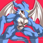  1:1 anthro blue_body claws digimon digimon_(species) elferin exveemon fangs grey_markings hi_res horn male markings muscular red_background red_eyes reptile scalie simple_background solo white_body wings yellow_markings 