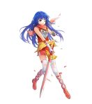  1girl armor bangs bare_shoulders blue_eyes blue_hair caeda_(fire_emblem) dress fire_emblem fire_emblem:_mystery_of_the_emblem fire_emblem_heroes full_body hakou_(barasensou) highres holding holding_sword holding_weapon long_hair official_art short_dress sleeveless solo sword transparent_background weapon white_legwear younger 