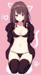  1girl absurdres bikini black_bikini black_jacket black_legwear breasts brown_eyes brown_hair cleavage closed_mouth collarbone drawn_ears drawn_tail frown groin halter_top halterneck heart highres jacket kneeling large_breasts long_hair long_sleeves looking_at_viewer navel no_pants open_clothes open_jacket original pink_background solo stomach string_bikini swimsuit thighhighs thighs tsuzaki_tsunomi 