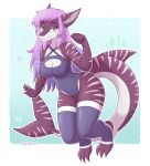 2019 anthro breasts cleavage clothed clothing female fish green_eyes hair marine pink_hair selirum shark solo stripes swimwear 