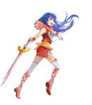  1girl armor bangs bare_shoulders blue_eyes blue_hair caeda_(fire_emblem) dress fire_emblem fire_emblem:_mystery_of_the_emblem fire_emblem_heroes full_body hakou_(barasensou) highres holding holding_sword holding_weapon long_hair official_art short_dress sleeveless solo sword transparent_background weapon white_legwear younger 