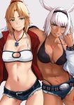  2girls abs animal_ears bikini bikini_bottom black_bikini body_markings braid breasts bushidokuroi caenis_(fate) cleavage cowboy_shot cutoffs dark_skin dog_ears fate/grand_order fate_(series) french_braid hair_intakes hair_ornament hair_scrunchie halter_top halterneck highleg highleg_bikini highres jacket jewelry large_breasts micro_shorts mordred_(fate) mordred_(fate)_(all) multiple_girls navel necklace ponytail red_jacket red_scrunchie scrunchie shorts studded_jacket swimsuit tattoo 