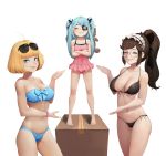  3girls absurdres ahoge bangs barefoot bikini black_bikini blonde_hair blue_bikini blue_bow blue_eyes blue_hair blunt_bangs bob_cut bow bow_bikini box breasts brown_hair calligraphy_brush_(medium) cardboard_box closed_eyes collarbone constantia_s2 covered_nipples crossed_arms eyepatch eyewear_on_head glasses hair_bow highres large_breasts last_origin long_hair looking_at_viewer lrl_(last_origin) maid_headdress medium_breasts mole mole_on_breast mole_on_stomach mole_on_thigh moonlit multiple_girls navel one-piece_swimsuit p/a-00_griffon pink_scrunchie pink_swimsuit polka_dot polka_dot_bikini ponytail round_eyewear scrunchie short_hair showing side-tie_bikini smile smug standing strapless strapless_bikini striped striped_bow sunglasses swept_bangs swimsuit two_side_up wrist_scrunchie 