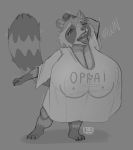  absurd_res anthro big_breasts breasts cleavage clothed clothing devilbluedragon female greyscale hi_res huge_breasts hyper hyper_breasts mammal monochrome penny_(devilbluedragon) procyonid raccoon shirt short_stack solo t-shirt text topwear 