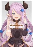  1girl bare_shoulders blue_eyes blush breasts draph glove_spread gloves granblue_fantasy grey_background hair_ornament hair_over_one_eye hinami_(hinatamizu) horns large_breasts lavender_hair long_hair looking_at_viewer narmaya_(granblue_fantasy) open_mouth pointy_ears sexually_suggestive simple_background smile solo 