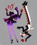  1boy 1girl black_gloves black_hair broken_heart closed_eyes disneyland gloves grey_background grey_hair heart heart_print jack_heart open_mouth pantyhose purple_legwear recruiters_(disney) red_gloves short_hair simple_background smile tsuzuki_(flee_away) veil_(disney) 