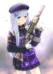  1girl assault_rifle bangs beret black_headwear blunt_bangs blush breasts commentary_request eyebrows_visible_through_hair facial_mark girls_frontline gloves green_eyes gun h&amp;k_hk416 hair_ornament hat highres hk416_(girls_frontline) holding holding_gun holding_weapon jacket long_hair looking_at_viewer rifle silver_hair solo uonuma_yuu very_long_hair weapon white_gloves 