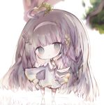  1girl :o black_hair blurry blurry_background blush character_request commentary_request cottontailtokki depth_of_field dress full_body grey_dress grey_eyes hands_up head_tilt headgear long_hair looking_at_viewer own_hands_together parted_lips reflection shadowverse short_sleeves solo standing stitches very_long_hair white_background 
