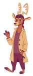  2020 ambiguous_gender anthro antlers barefoot bottomwear brown_eyes cervid clothed clothing coat fuel_(artist) gesture hand_in_pocket hi_res horn looking_at_viewer mammal muzzle_(marking) oak_(oak-thorn) pants pockets shirt simple_background solo topwear trenchcoat waving white_background 