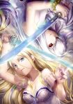  2girls aqua_eyes blade blonde_hair blue_eyes claire_(rain) cover cover_image cover_page duel edited energy energy_sword glaring glowing glowing_weapon gun hand_on_hilt hands_on_hilt highres holding holding_sword holding_weapon katana lietus long_hair looking_at_viewer michelle multiple_girls rain_(sumikawa_megumi) red_eyes shelfa_(sumikawa_megumi) sword third-party_edit weapon white_hair 