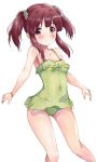  1girl absurdres brown_eyes brown_hair casual_one-piece_swimsuit collarbone commentary_request covered_navel feet_out_of_frame frilled_swimsuit frills green_swimsuit highres idolmaster idolmaster_cinderella_girls kuroba_aki looking_at_viewer ogata_chieri one-piece_swimsuit simple_background smile solo standing swimsuit twintails white_background 