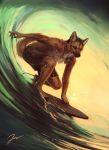  2019 absurd_res anthro brown_body brown_eyes brown_fur canid canine canis clothed clothing domestic_dog fur hi_res kadrion male mammal solo surfboard surfing swimming_trunks swimwear topless vehicle water watercraft wave 