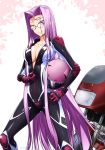  1girl biker_clothes bikesuit breasts facial_mark fate/stay_night fate_(series) forehead_mark full-length_zipper ground_vehicle helmet highres large_breasts long_hair motor_vehicle motorcycle motorcycle_helmet partially_unzipped purple_hair racing_suit rider skin_tight solo takuteks very_long_hair zipper 