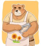  2020 anthro apron blush bottomwear brown_body brown_fur clothing cooking eyes_closed fur humanoid_hands kemono kota&acute; male mammal overweight overweight_male pants shirt simple_background solo topwear ursid 