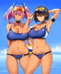  2girls adjusting_clothes adjusting_hat ahoge alternate_costume armband armpits arms_behind_back azur_lane baltimore_(azur_lane) bare_shoulders blush breasts bremerton_(azur_lane) brown_hair choker cleavage closed_mouth commentary_request cowboy_shot dark_skin eyebrows_visible_through_hair eyewear_on_head friends hair_between_eyes harukon_(halcon) hat headgear highres large_breasts long_hair looking_at_viewer mole mole_on_breast multicolored_hair multiple_girls navel one_eye_closed pink_eyes pink_hair short_hair smile standing streaked_hair tan thighs toned two_side_up yellow_eyes 
